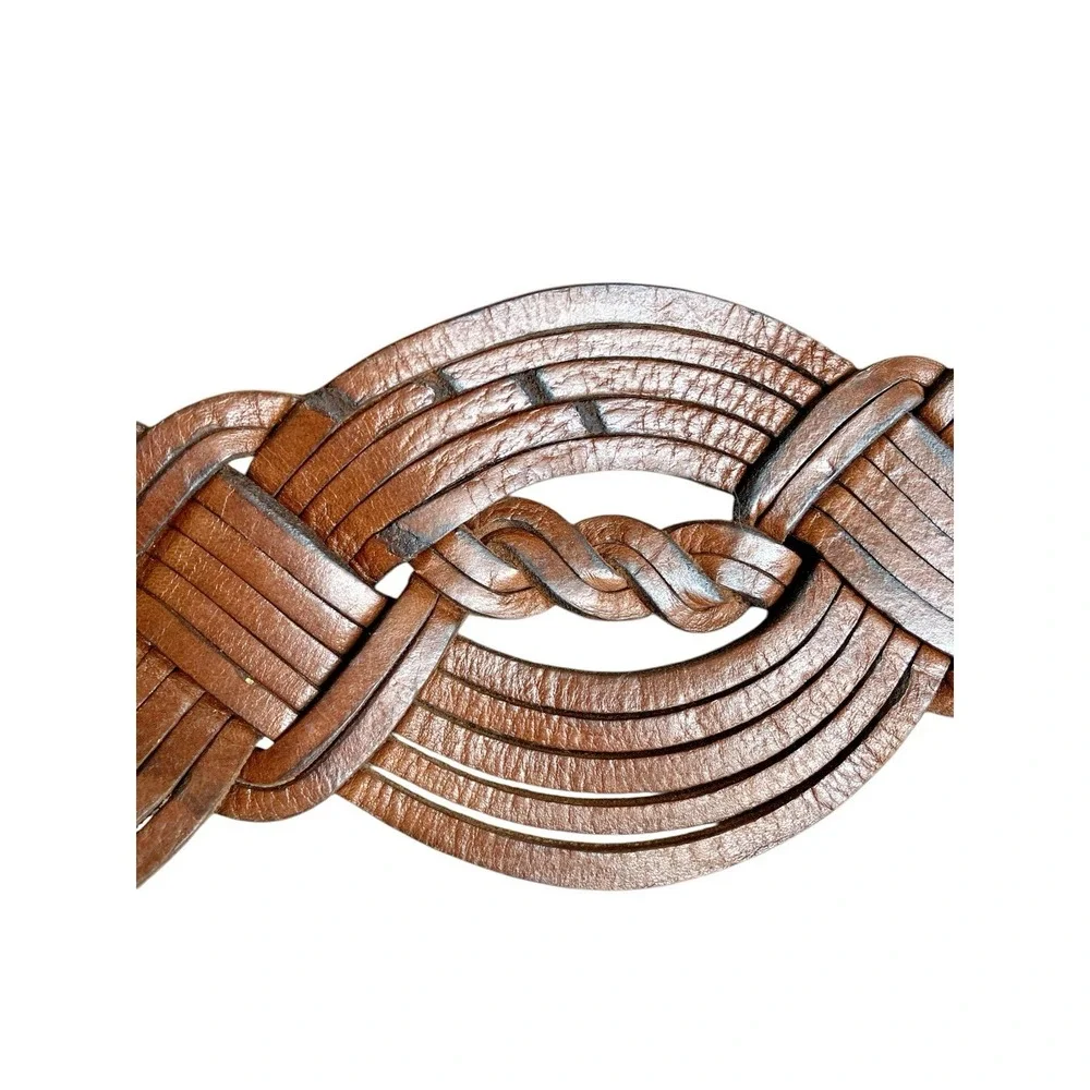 Vintage Boho Braided Leather Belt Oversized Engraved Statement Buckle Western 46